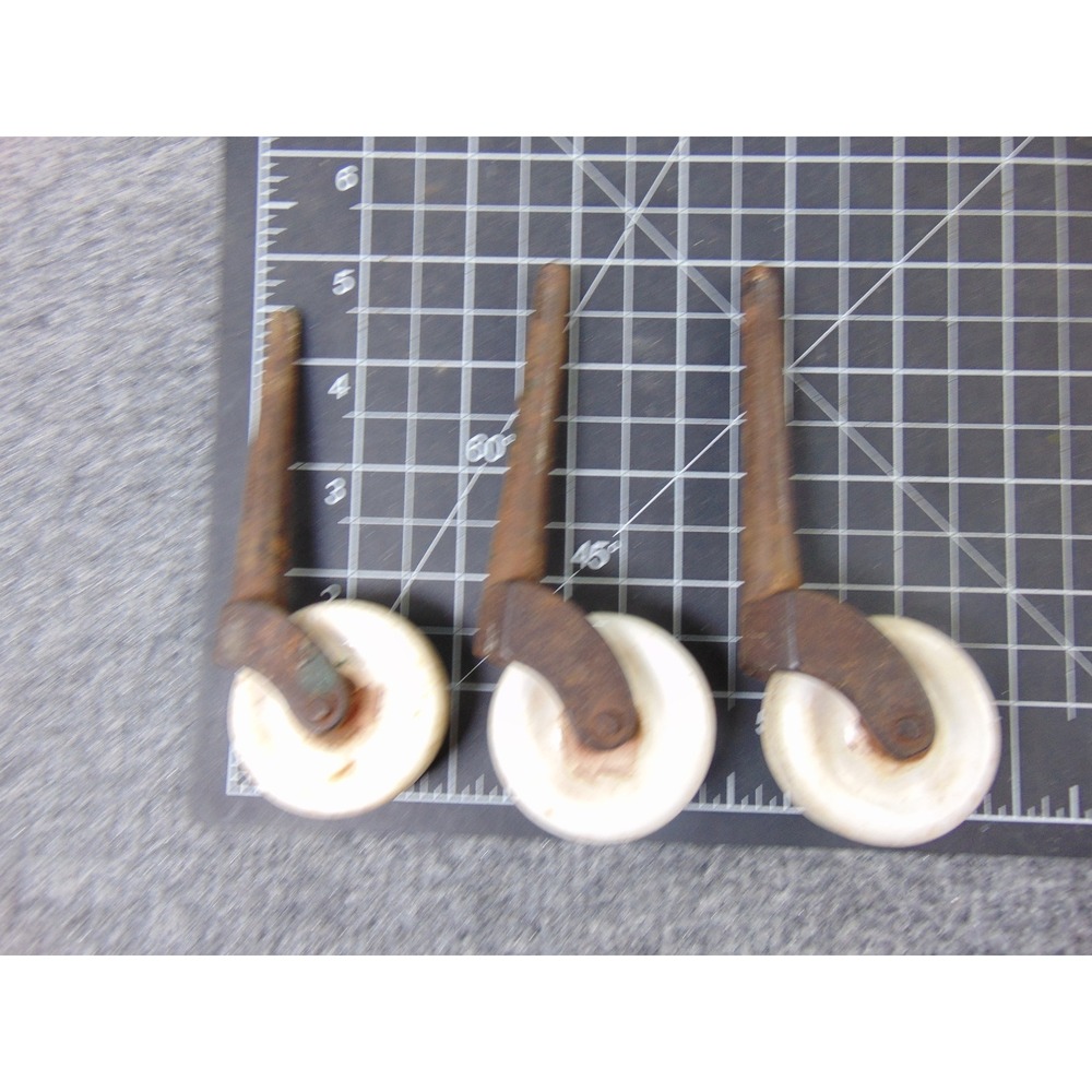 Porcelain Furniture Casters Set of 3 Vintage Antique White Metal Stem Wheels